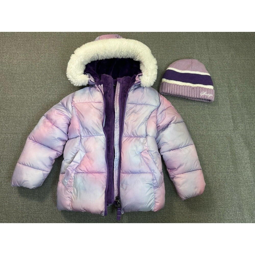 Snozu Girls Purple Pink Hooded Faux Fur Trim Quilted Puffer Snow Jacket Size 5T